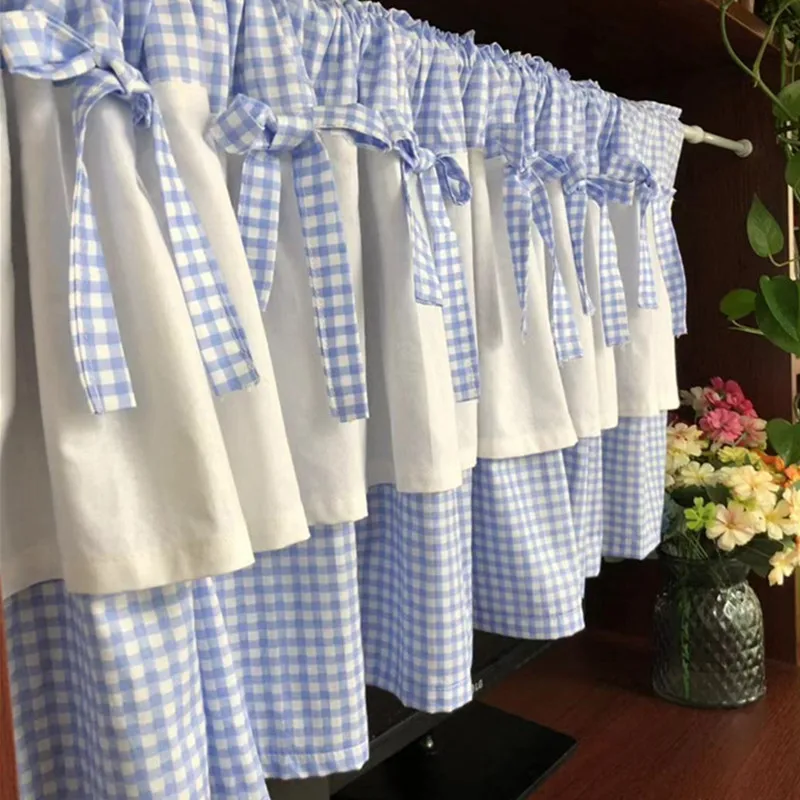 

Fresh Blue/Pink Plaid Bow-knot Bunk Cotton Fabric Short curtain Multi-function Home Decorative Partition Curtain 40*150cm