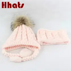 Толще теплая шапка для младенца шарф набор флисовая подкладка earflap beanie Bib set Открытый ветрозащитный натуральный мех енота помпон шеи кольцо