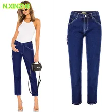 Женская одежда середины талии сплошной relaxed чистый Хлопковые Джинсы женские повседневные свободные Потертая джинсовая ткань прямо Капри Брюки-карго