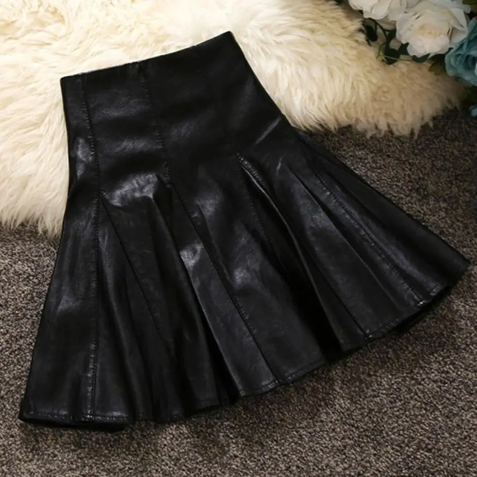 Модная черная юбка из искусственной кожи размера плюс 2XL, Женская винтажная плиссированная мини-юбка с высокой талией