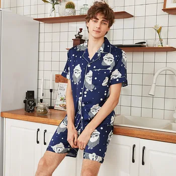 

Navy Blue Summer Mens Shirt Pants Pajamas Suit Silky Sleep Sleepwear Sets Casual Male Home Wear Top Nightwear Robe Bath Gown