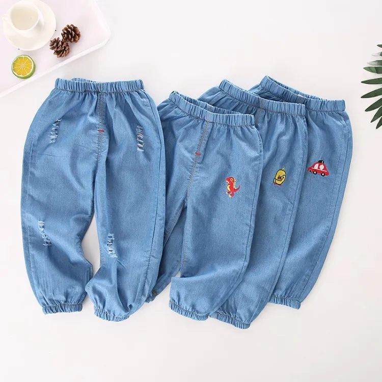 Летние повседневные джинсовые штаны; тонкие джинсовые штаны-шаровары с защитой от комаров; однотонные брюки с эластичной резинкой на талии для девочек; детская одежда