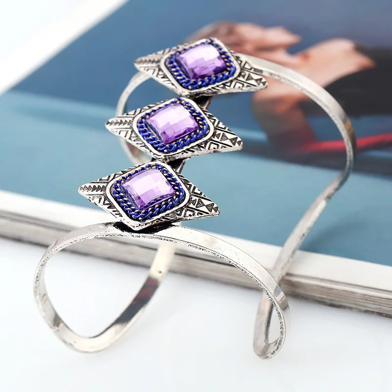 LZHLQ уникальный дизайн простые милые браслеты новые модные женские макси мозаика синий камень ювелирные изделия открытие металлическое покрытие широкий браслет