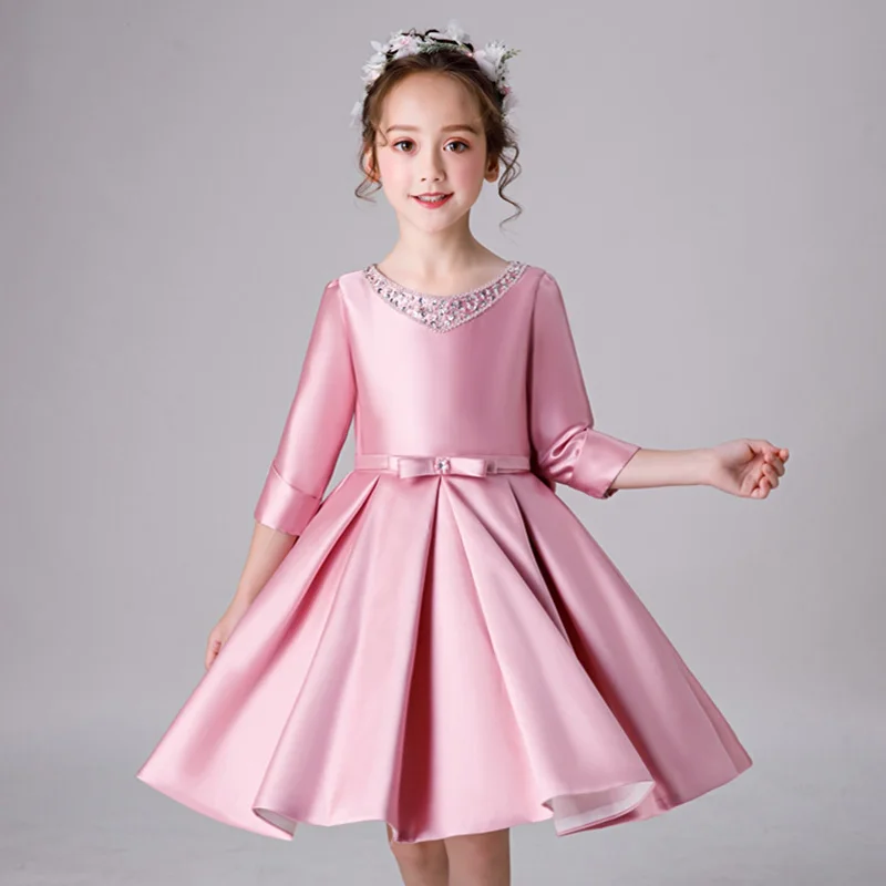 Style 2 Винтажное платье с цветочным узором для девочек, украшенное бисером, для свадьбы, с длинными рукавами из сатина, вечерние платья, детское торжественное платье с большим бантом, B474 - Цвет: Style 2