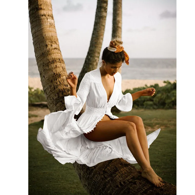 Летнее платье Макси размера плюс, длинное парео, пляжные платья и туника, сарафан, бохо стиль, женское платье, белая одежда