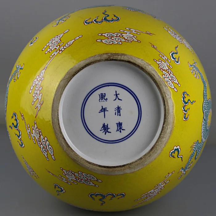 Цзиндэчжень антикварная Qing Kangxi Желтая Ваза Дракон пять пастельных печи старый фарфор украшения