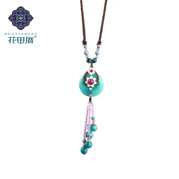 

Cute/Romantic Tassel Handmade Lake Blue Round J ade Rose Red Blue Stone Beads Rope Chain Shell Petal Female Accessories CL-17123