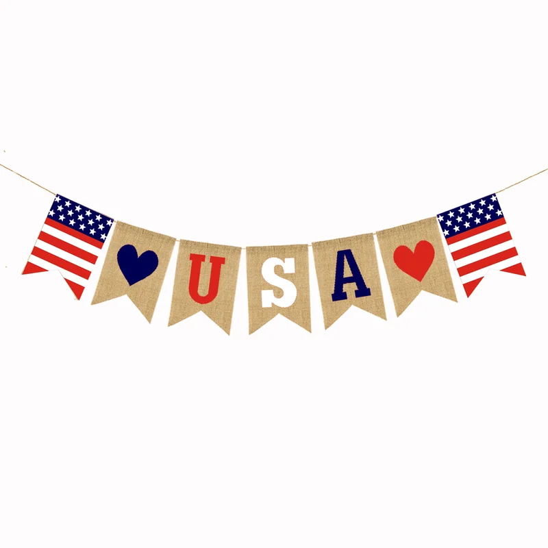 

Jute Burlap USA Banner American Independence Day 4th of July Mantel Fireplace Decoration