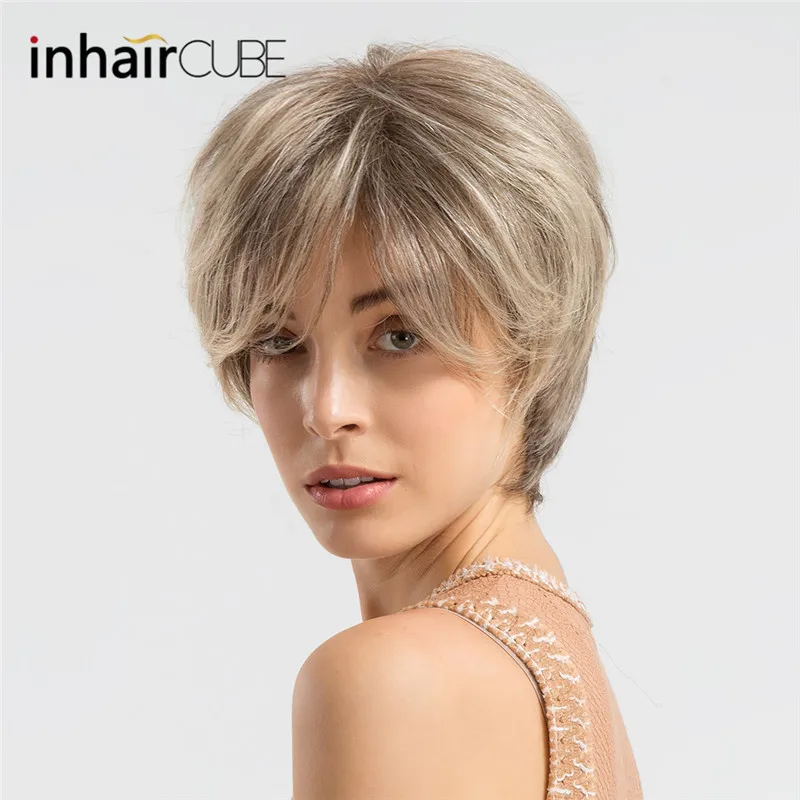 INHAIR CUBE Synthetic Blend Wigs Straight Hair Short Wig for Women Fluffy Human Hair Natural Elastic Wig Cap#27