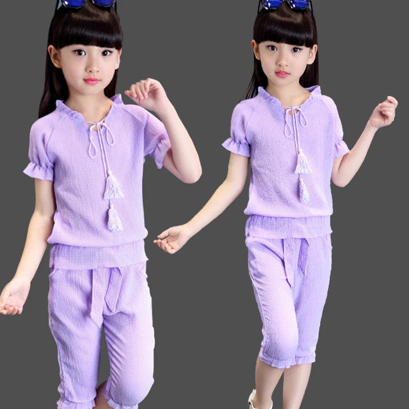 

Children's Summer Suit New Children's Purple and Pink Short Sleeves + Seven-cent Pants Girls Fall Outfits Clothes 10 12 Year