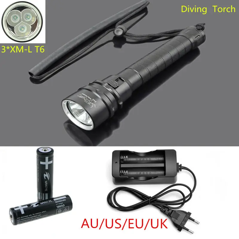 

6000LM Underwater Diving Flashlight Torch 3 CREE XM-L T6 LED Waterproof 3T6 Flash Light +2x18650 Battery +Charger