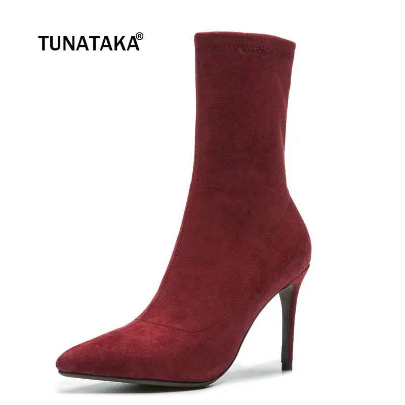 

Female Sexy Thin High Heel Suede Ankle Boots Fashion Slip On Pointed Toe Women Fall Winter Bootie Black Wine red Gray