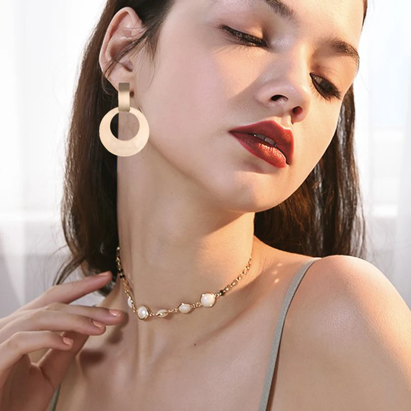 

2018 Round Dangle Earrings for Women Gold Color Geometry Metal Statement Drop Earrings Circle Earring Oorbellen Birthday Gift