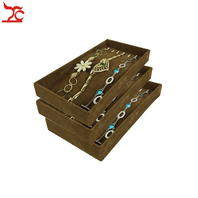 3Pcs Jewelry Display Tray Metal Hook Pendant Holder Brown Velvet Chain Bracelet Anklet Necklace Display Storage Tray 11*22*3cm