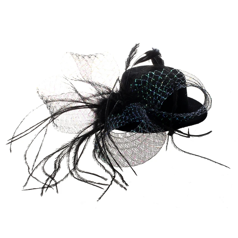 

Feather 2 Hair Clips Bow Black Mini Top Hat Party Lolita Cosplay Goth