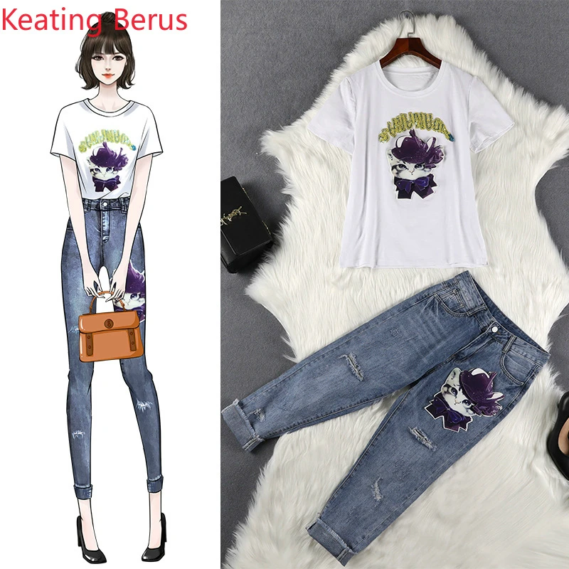 

Ladies Two-piece White Cartoon Cat Pattern Short-sleeved T-shirt Light Blue Denim Pants Two-piece Plus Size 5XL Women's Clothing
