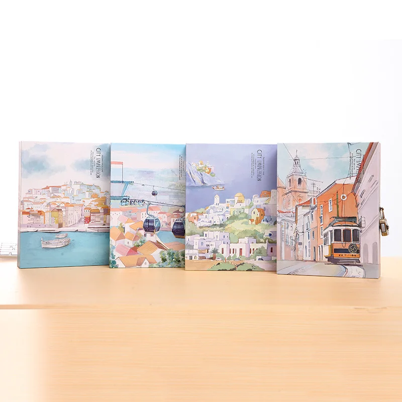 

City Image" Hard Cover Notebook Art Drawings Dairy Journal Lock Box Stationery Gift Package