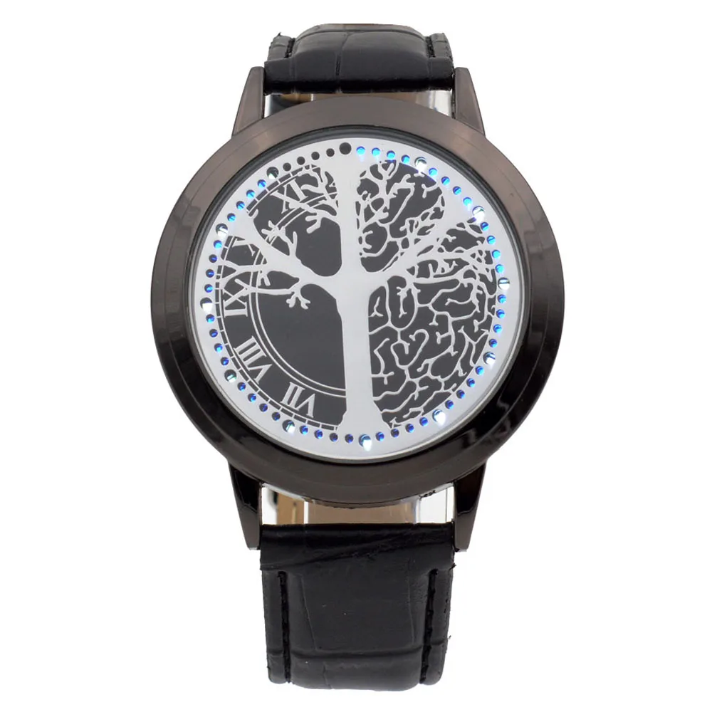 

Fashion Touch Screen LED Watches Leather Band Quartz Wristwatch Tree Shaped Dial Blue Light Quartz-watch Relogio Masculino Men