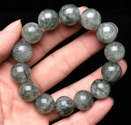 

12mm Natural Clear Green Hair Rutilated Crystal Quartz Beads Bracelet AAA