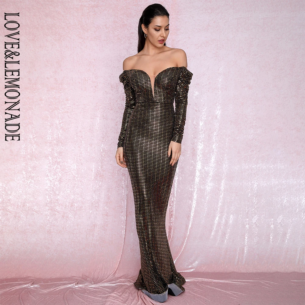 LOVE&LEMONADE Sexy Open Shoulder Gold Sequins