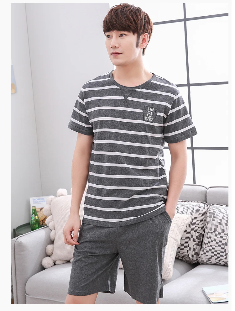 2019 Hot Summer Short Sleeve Cotton Pajama Sets for Men Casual Striped Sleepwear Male Lounge Home Clothes 2019 Hot Summer Short Sleeve Cotton Pajama Sets for Men Casual Striped Sleepwear Male Lounge Home Clothes