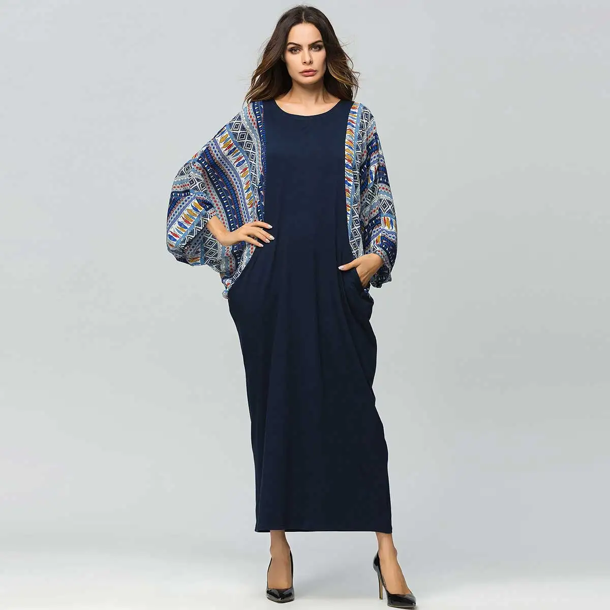 

2019 Spring Autumn Fashion bat sleeve contrast color patchwork print design maxi long dress urban casual Muslim Ramadan VKDR1454