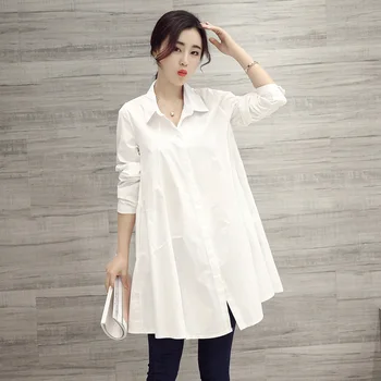 

100% cotton long women white shirts lady office work loose large size slim blouse fashion tops