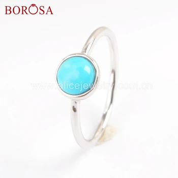 

BOROSA 5PCS 92.5% Pure Silver Color Round Shape Natural Turquoises Ring Natural Blue Stone Rings Jewelry for ladies SS199