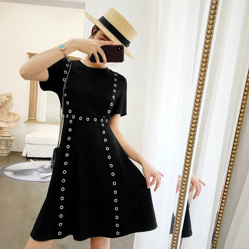 Женское черное облегающее платье в стиле панк с коротким рукавом и О-образным вырезом, с высокой талией и металлическим кольцом, готическое летнее повседневное платье, большие размеры, M-4XL - Цвет: Черный