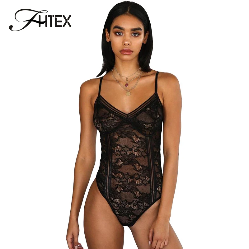 FHTEX черные прозрачные, сексуальные, Кружевные Боди Для женщин Элегантный V шеи обтягивающие тянущиеся боди Going Out Фитнес комбинезон для