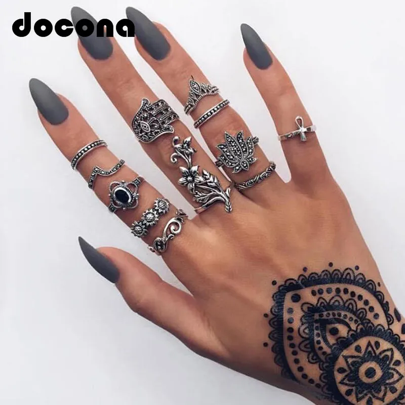 Docona 12 шт./компл. Бохо винтажные Серебристые геометрические кольца с вырезами в