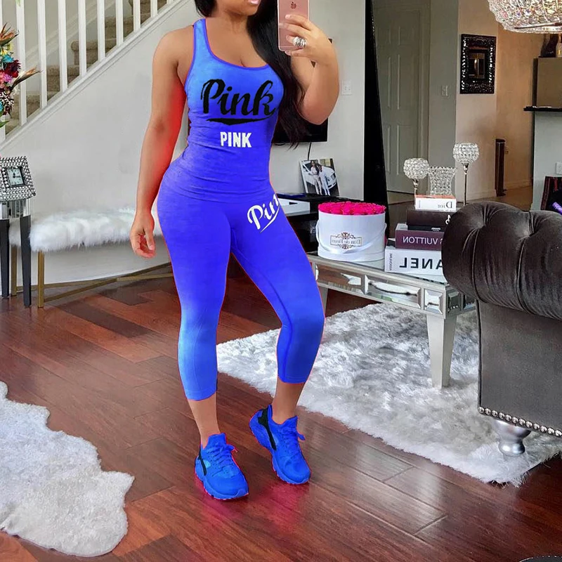 الصيف عارضة مثير 2 قطعة الزي النساء الوردي إلكتروني طباعة الدبابات أعلى و صالح طول السراويل التدرج اللياقة البدنية الدعاوى زائد حجم XXXL