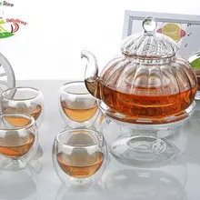 1х термостойкий стеклянный чайный набор-1 х 640 мл чайный горшок в форме тыквы с заваркой и крышкой+ 4 х 90 мл чайные чашки+ подогреватель A