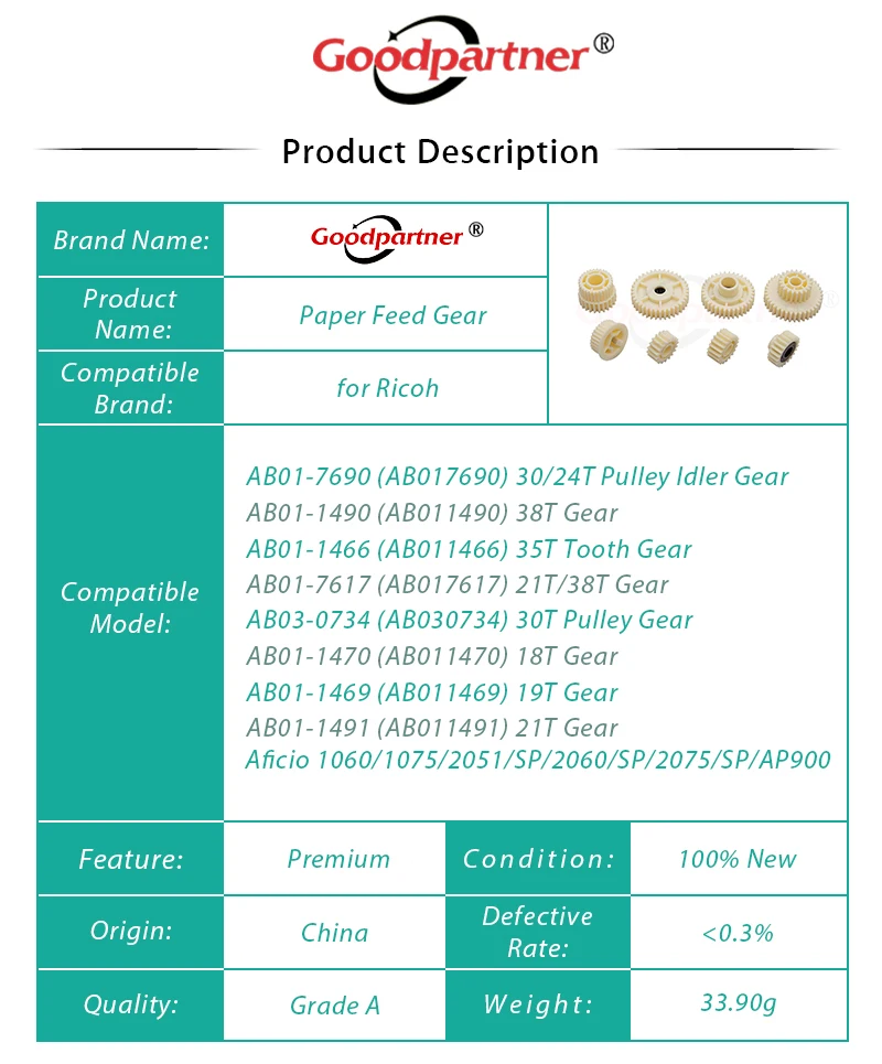 Комплект из 3 предметов; для подачи бумаги страха шкив холостого хода зуб Шестерни для Ricoh Aficio 1060 1075 2051 2060 2075 AP900 MP 7500 8000 8001 MP7500