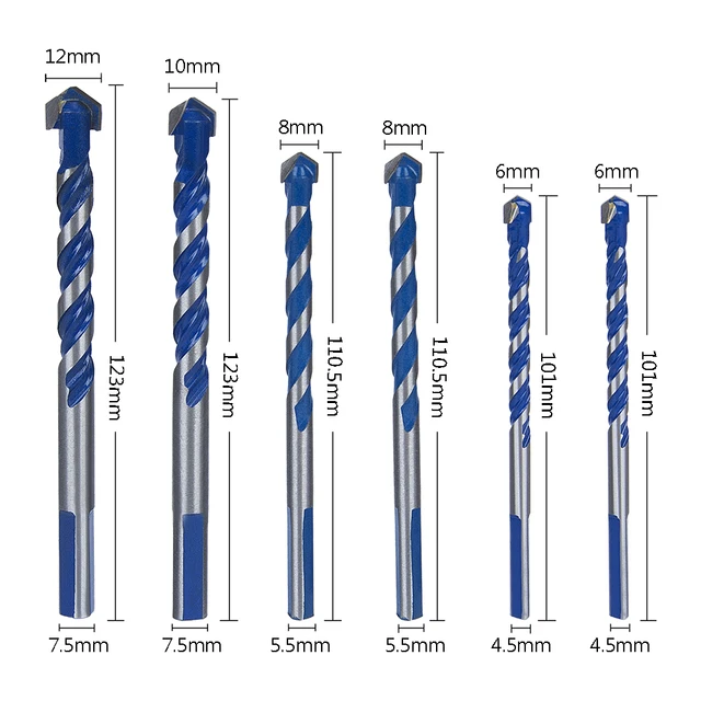 6Pcs/set 6mm/8mm/10mm/12mm Multi functional Cemented Carbide triangle shank Drill Bit Set for