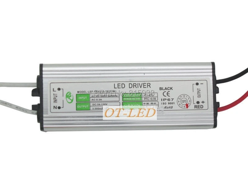 

18W-36W (18-36)X1W IP67 Waterproof LED Driver for 1W LED Light Constant Current Driver AC85-265V to DC54V~130V 300mA