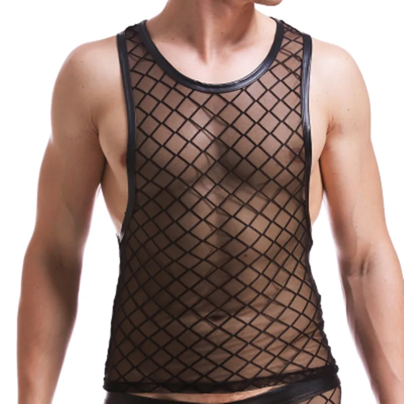 

New men sexy Black Plaid Fishnet Tank Tops Gay bar Performance shirt Fitness vest Mesh transparent undershirts size XXL