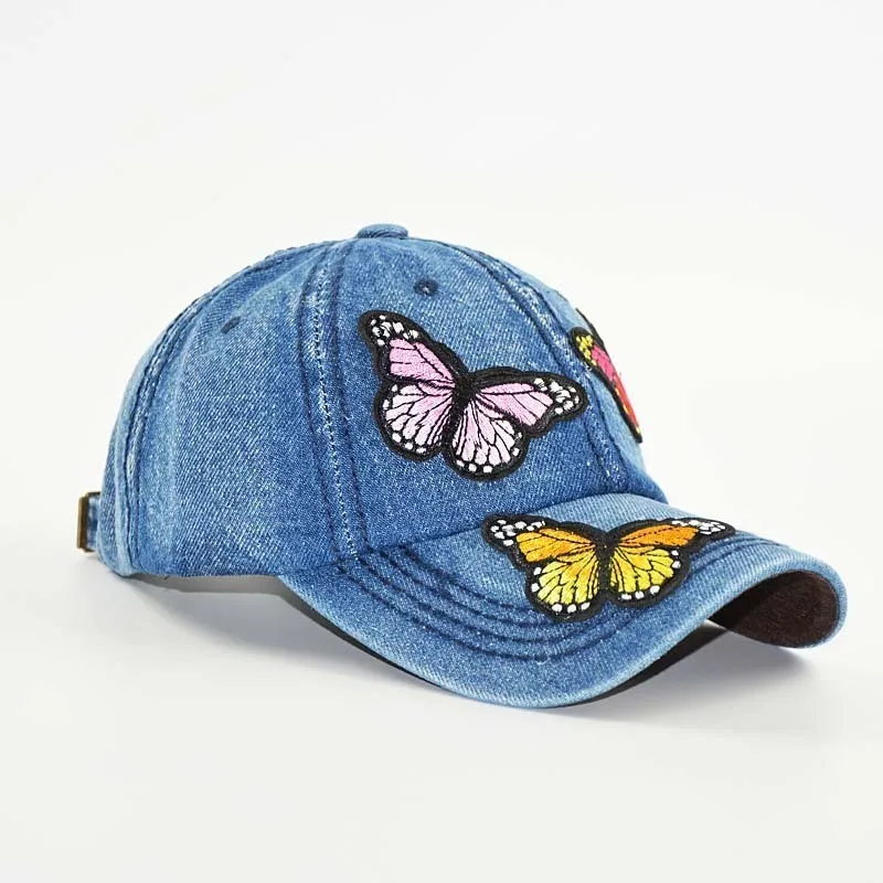 

2018 NEW Baseball Cap Women Full Colorful Big Butterfly Hat Denim Bling Rhinestone Snapback Cap Casquette Outdoors Sun Hat