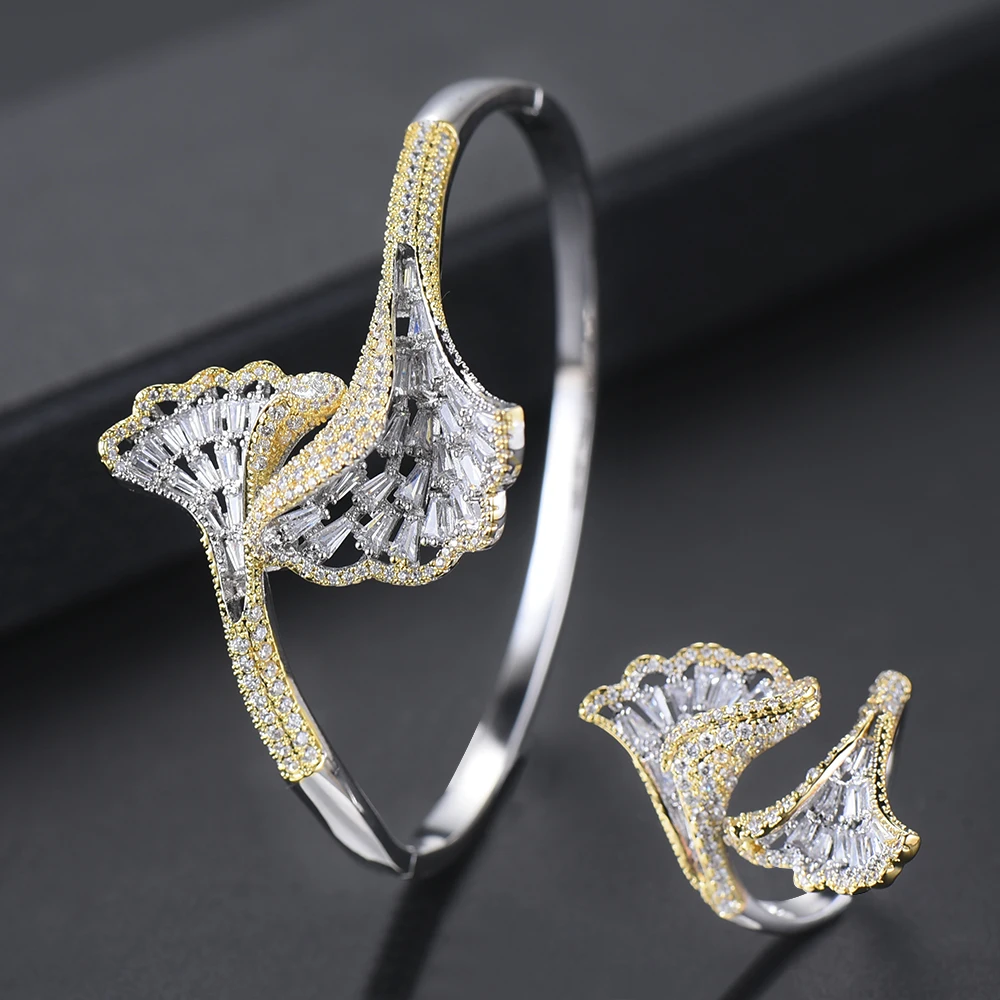 

GODKI Luxury Lotus Leaf Nigeria Bangle Ring Set Jewelry Sets For Women Wedding Cubic Zircon Crystal CZ Dubai Bridal Jewelry Sets