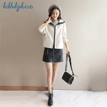 Повседневное женское пальто бежевого размера плюс, свободное короткое пальто с капюшоном, Осеннее Новое корейское пальто на молнии с длинным рукавом и карманами, Женское пальто CX295