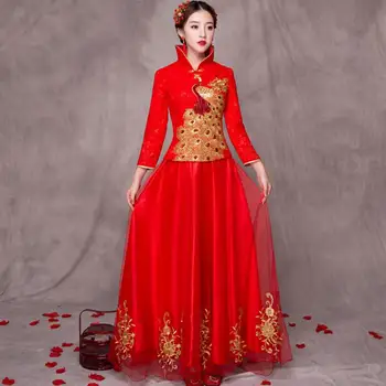 

Elegant Women Marriage Suit Classic Peacock Cheongsam Ancient Bride Wedding Dress Evening Gown Chinese Vintage Qipao Vestidos