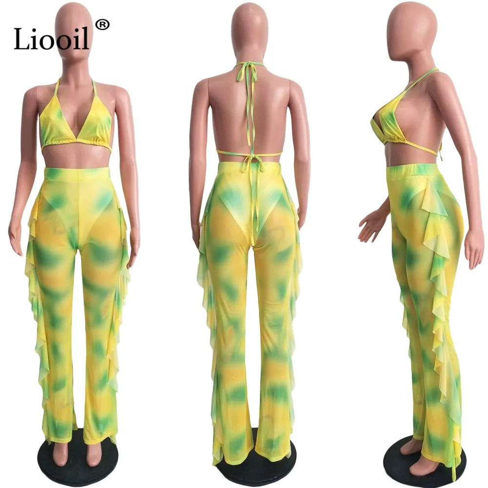 Liooil Tie Dye, комплект из 2 предметов, сексуальный женский комбинезон с открытой спиной и рюшами, v-образный вырез, открытые вечерние комбинезоны, неоновый женский комбинезон