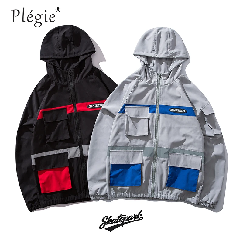 Harajuku 3M Reflective Jacket Men Hip Hop Streetwear Hooded Jacket Windbreaker Spring 2019 Color Block Track Jacket Coat Hoodies