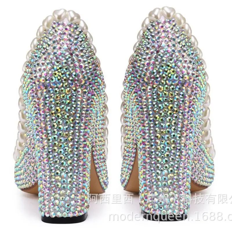 Women Pumps Wedding Shoes Thick heel Rhinestone 10CM Thin High Heels Bling Party Rhinestone Shoes banquet