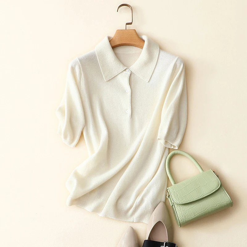 

v neck 100% cashmere short sleeve summer women sweater with buttons