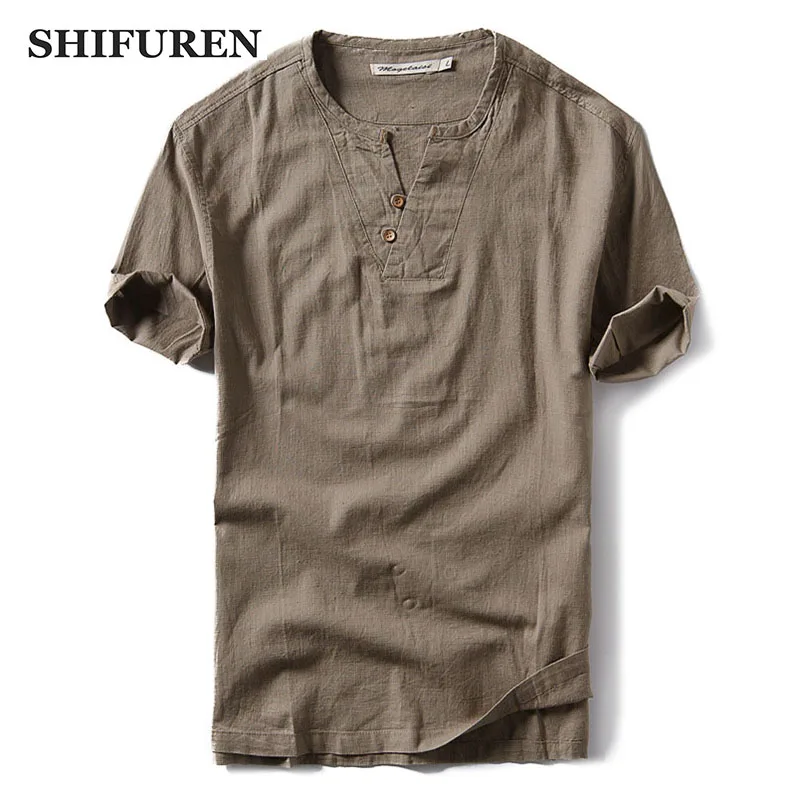 Shifuren 2018 новый летний Для мужчин тонкие хлопковые льняные рубашки короткий рукав свободный крой дышащие повседневные мужские мужская