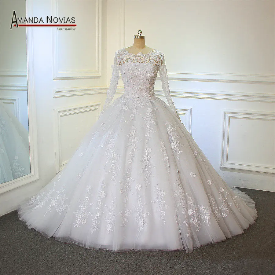 Amanda Novias High Quality Long Sleeve Lace Appliqued Flowers Ball Gown