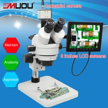 ЖК-экран непрерывное Масштабирование бинокулярный визуальный 7-45X Тринокулярный стереомикроскоп+ промышленная камера+ 56 светодиодный свет для лаборатории PCB USB
