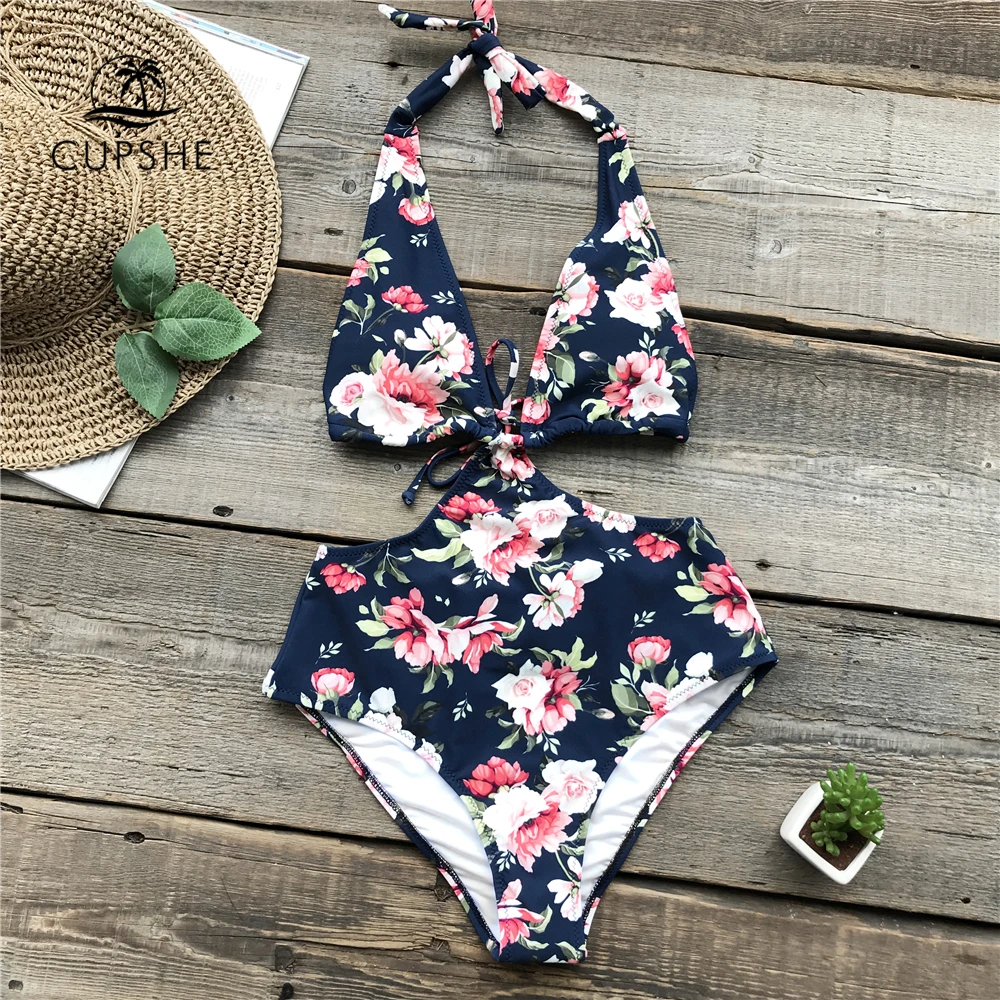 

CUPSHE Halter Flora Print One-piece Swimsuit Women Deep V-neck Tied Back Shirring Monokinis 2018 New Girl Sexy Beach Swimwear