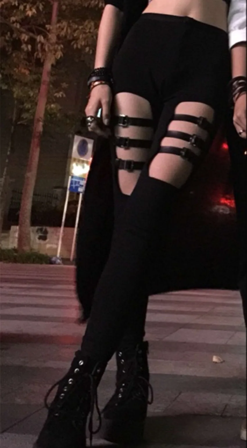 Новинка готика Рок Панк женские черные сексуальные брюки для танцоров женские брюки эластичные из искусственной кожи с пряжкой выдалбливают узкие брюки